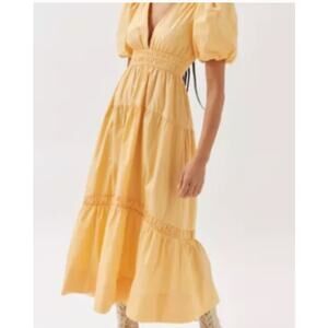 MinkPink Revolve Piper Puff Sleeve Tiered Ruched Orange Cotton Midi Dress, Sz XS